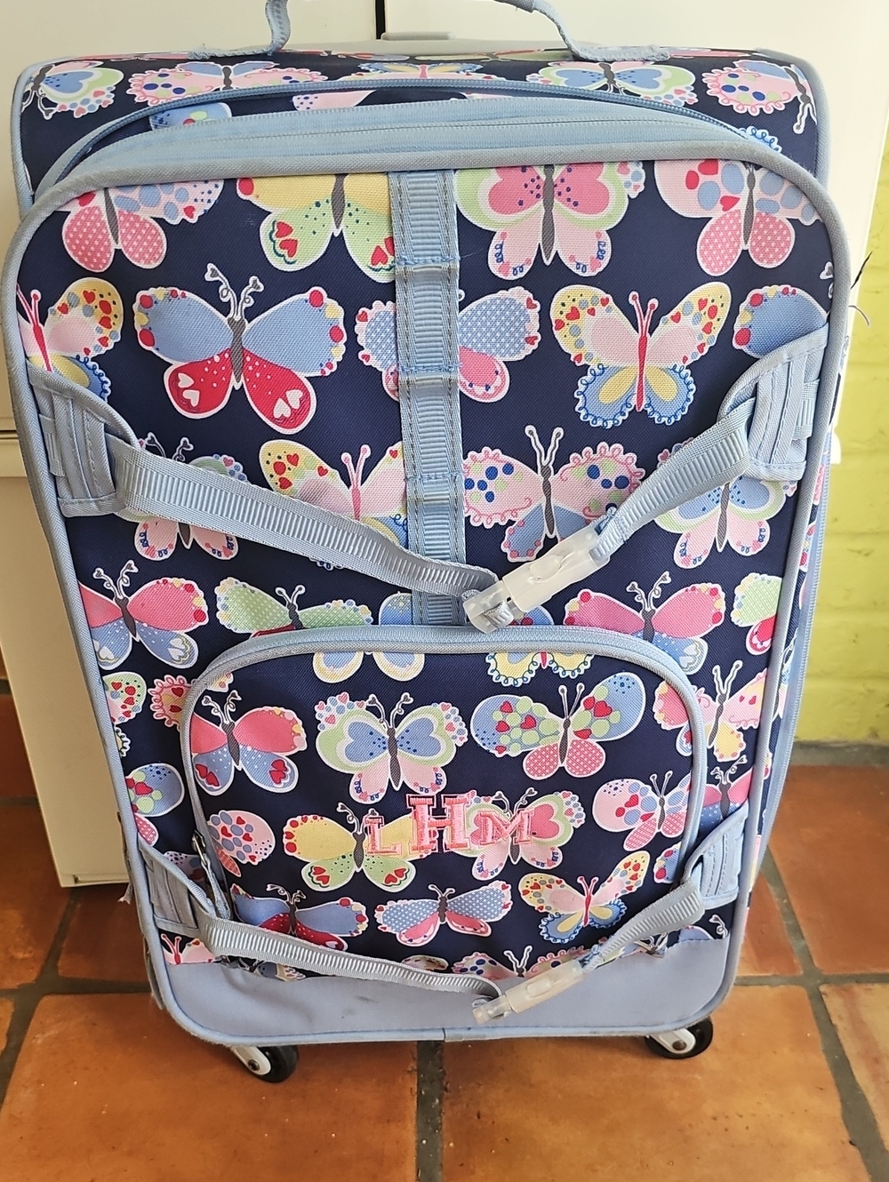 Pottery Barn Kids Navy Butterfly Rolling Suitcase with Pastel Accents
